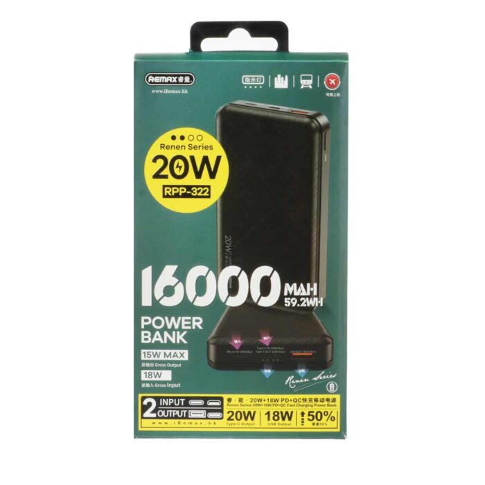 پاوربانک (PD و فست شارژ) ریمکس 16000 میلی آمپر 38W مدل RPP-322